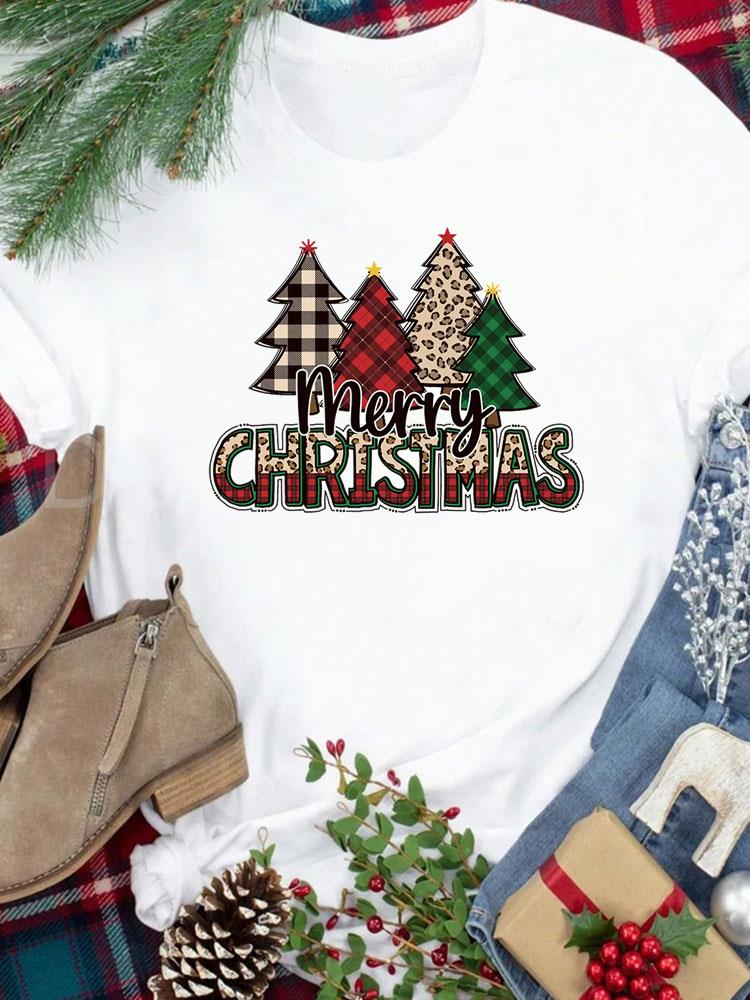 (Asian Size) Star Trend Cute New Year Festival Women Print Holiday Tee Top Merry Christmas Casual Lady Short Sleeve Fashion Graphic T-shirts