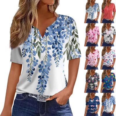 Жен. Футболка Футболка С принтом Пуговицы С короткими рукавами Повседневные Выходные Мода Классический V-образный вырез Обычный Верх