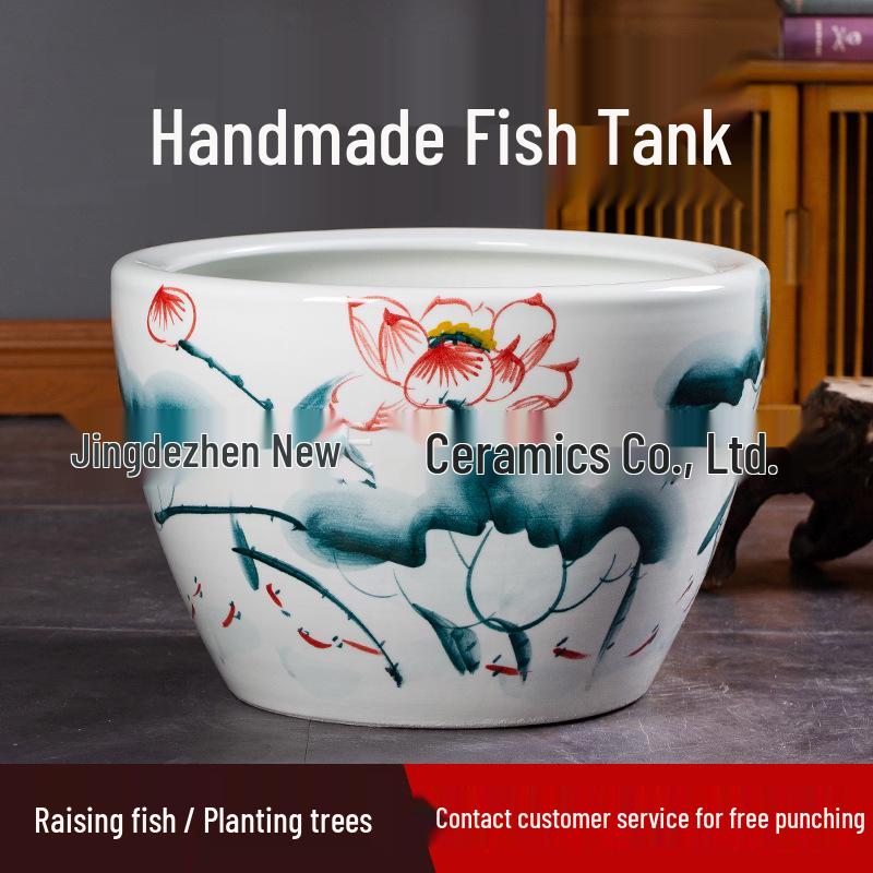 Hand-Painted Blue and White Lotus Landscape Ceramic Jar for Living Room or Outdoor Use