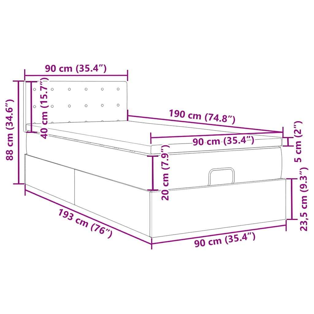 Ottoman Bed with Mattress & LEDs Light Grey 90x190 cm Velvet
