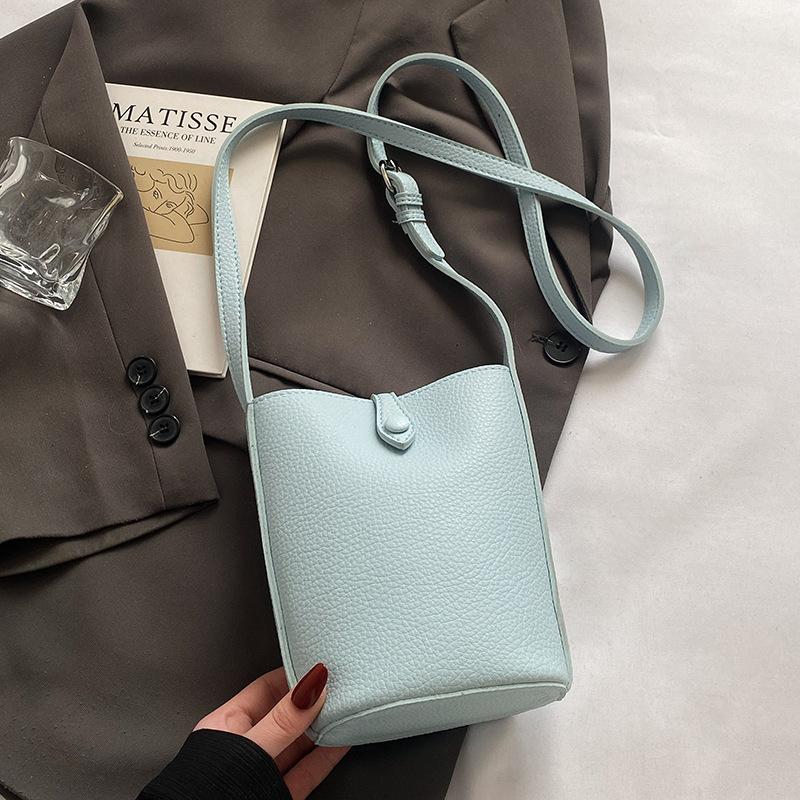 Korean Version of Casual Macaron Color Simple Lychee Pattern Mobile Phone Bag Female Versatile Commuter Foreign Style Messenger Bucket Bag