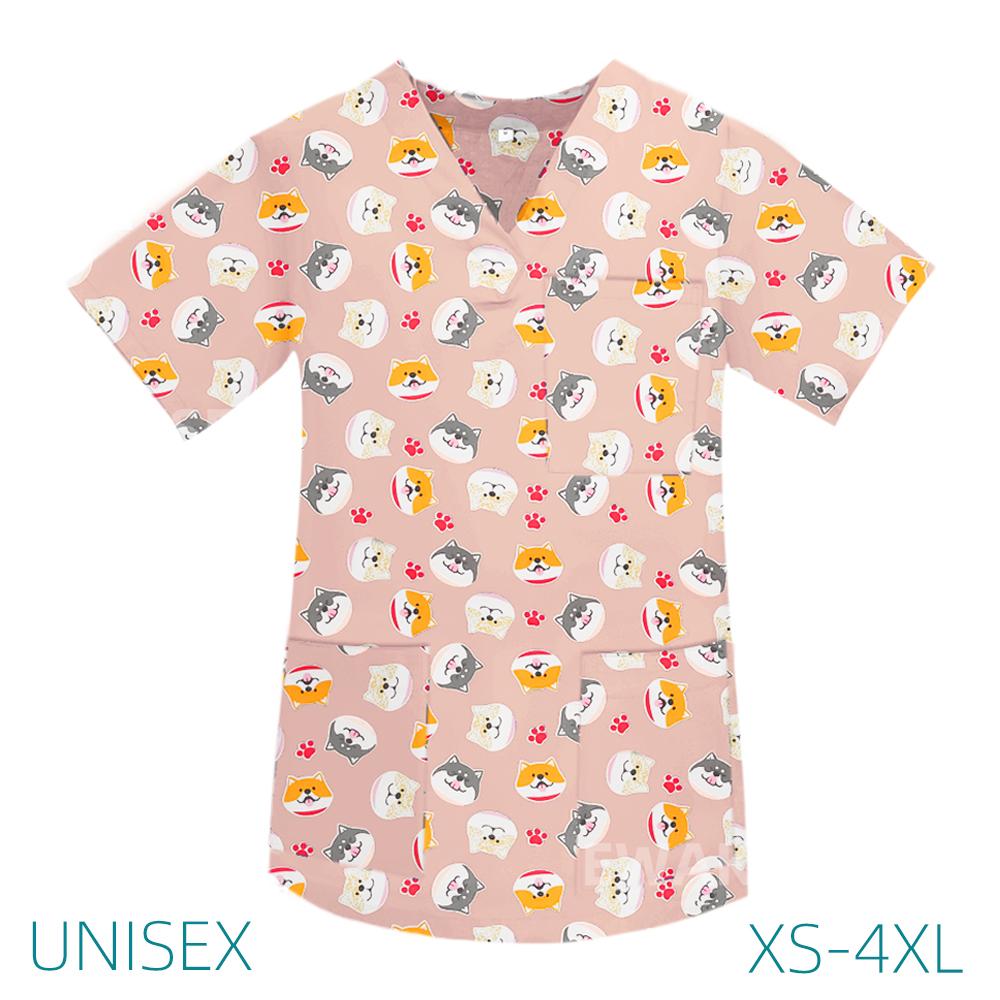 Women Men Clinical Medical Uniforms Soft Tops Scrubs Dogs Printing Nursing Blouse Nurse Doctor T Shirt Operating Room Scrub Tops