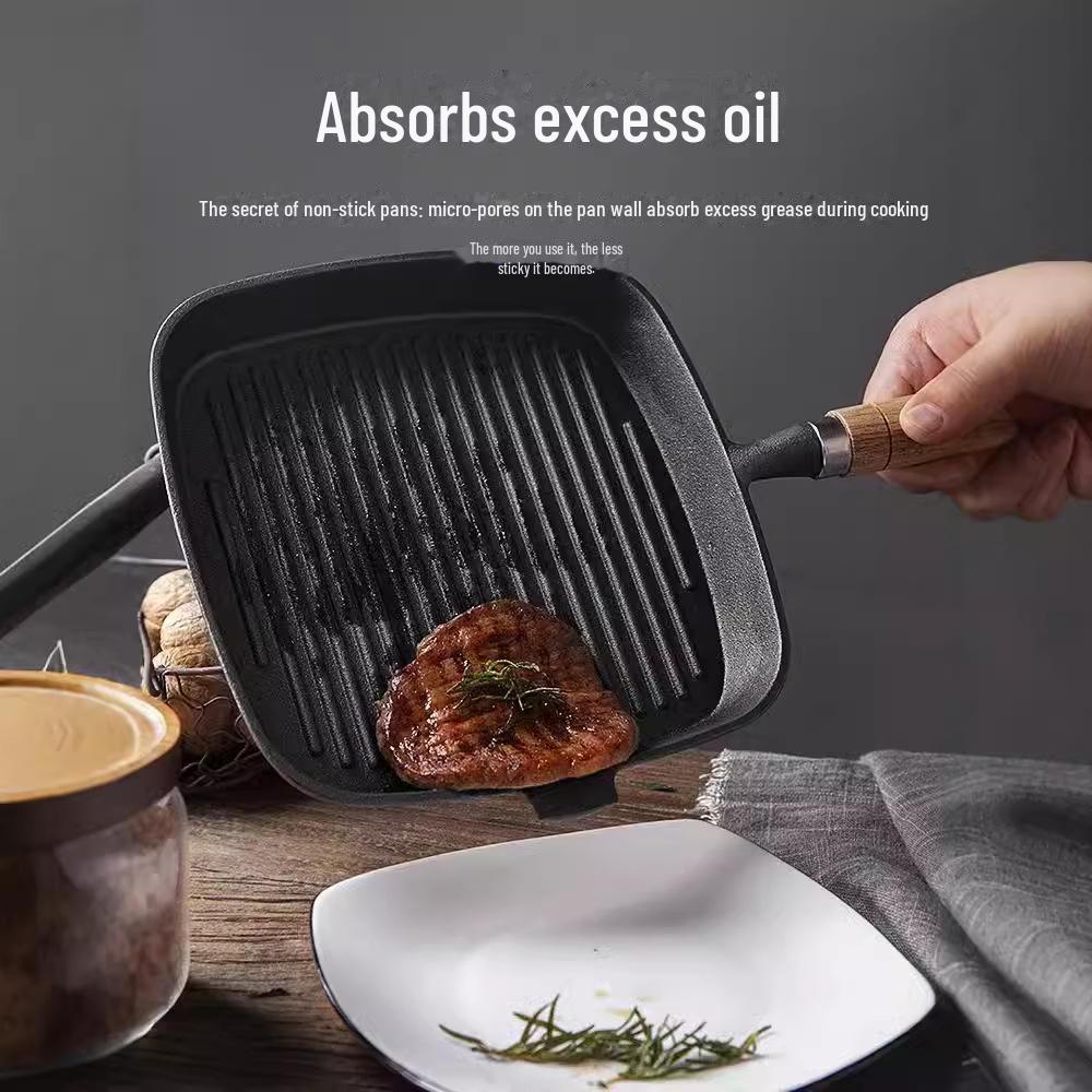 Cast Iron Steak Frying Pan with Wooden Handle, Uncoated and Thickened, Striped Surface.