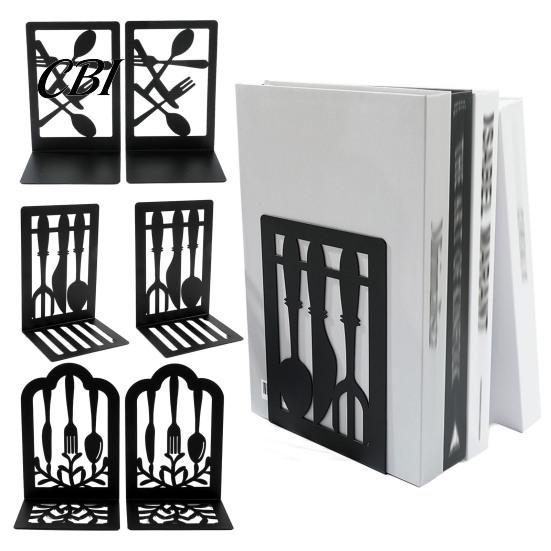 High Quality Iron Bookends 1 Pair Kitchen Metal Decorative Bookend for Shelves, Heavy Duty Non-Skid Book Cooking Theme Holder Stand, Black Support