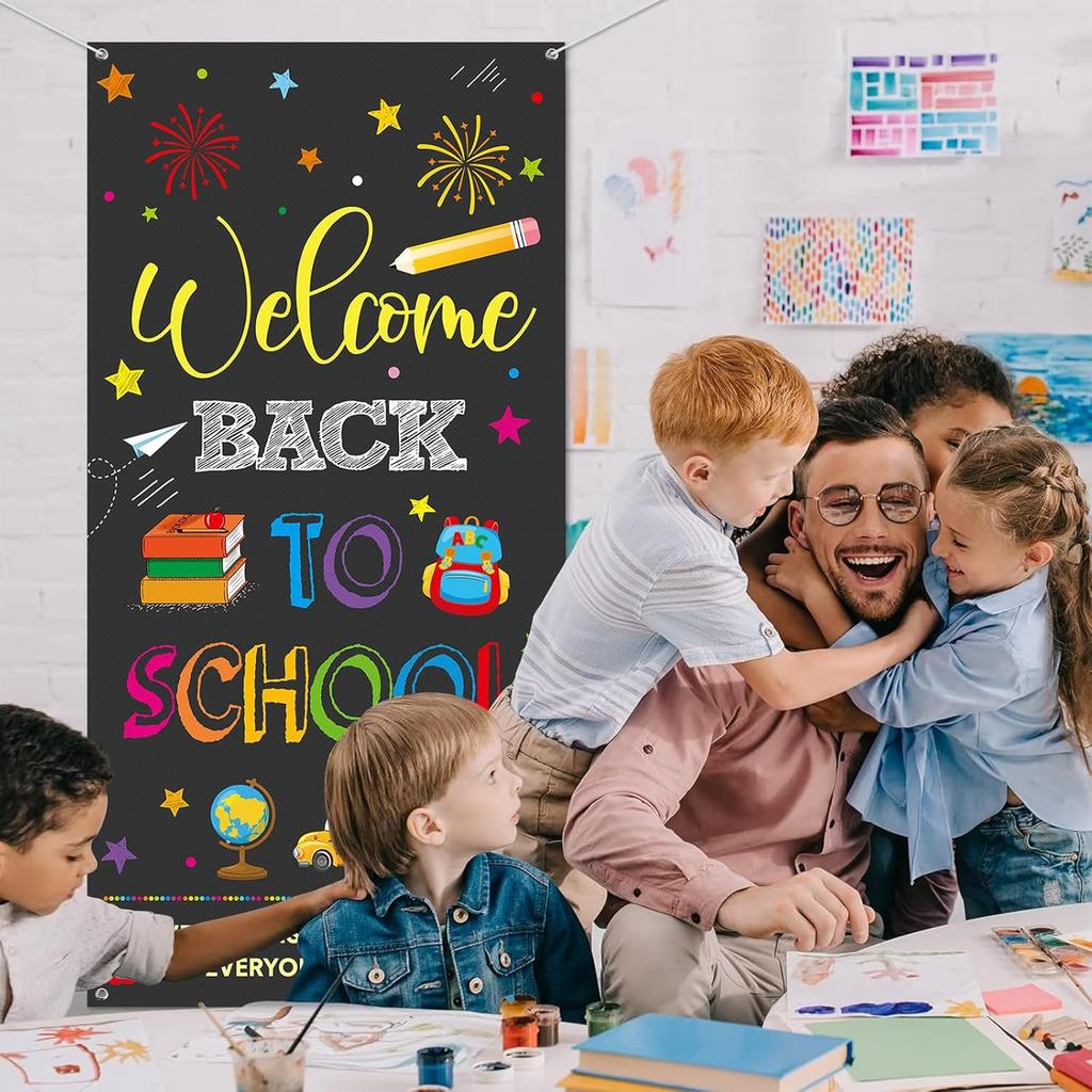 Back To School Banner Welcome Back To School Door Cover Backdrop Polyester Hanging Banner Front Door Porch Sign for First Day