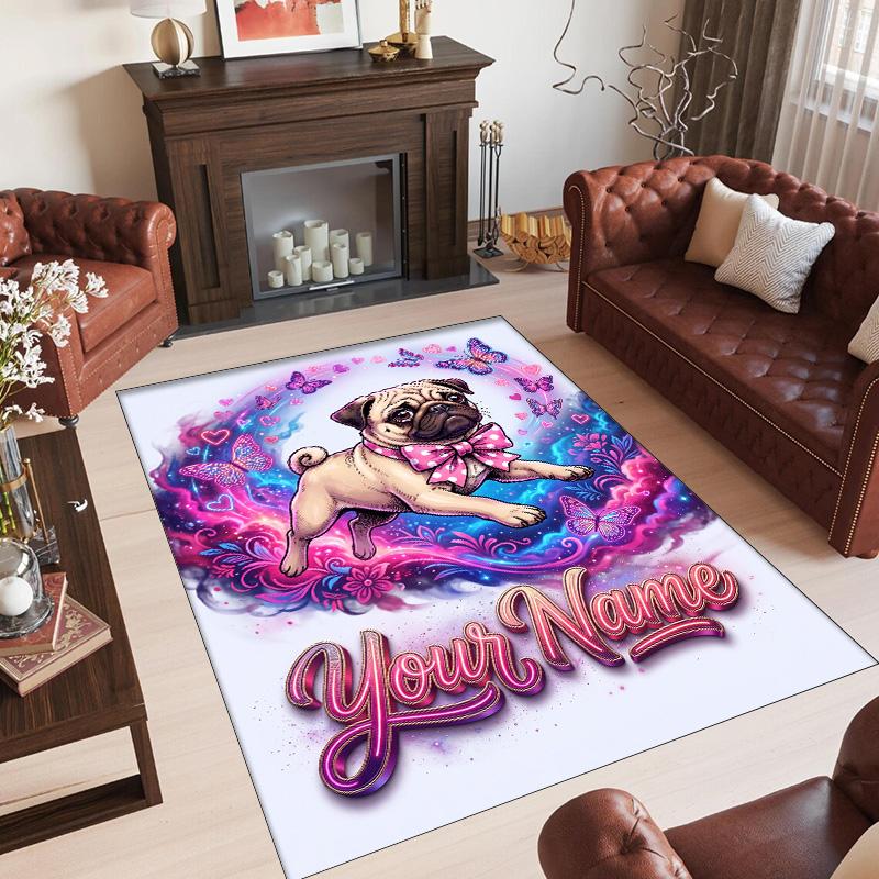 Pug Theme Crystal Velvet Floor Rug Personalized Custom Name Text Warm Carpet Home Decoration