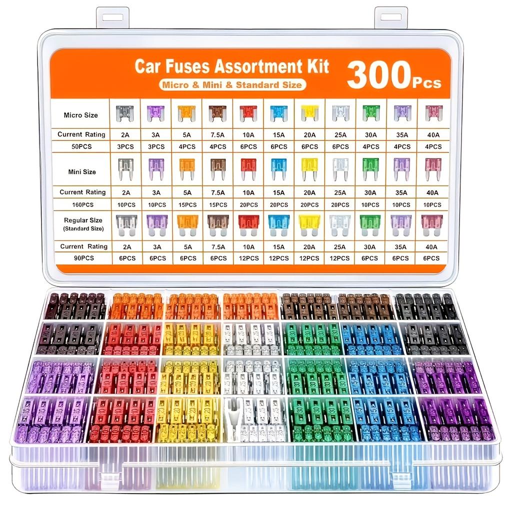300pcsCarFuse Assortment Kit Mini Standard Micro Fuses 160x Mini 90x Standard 50x Micro with Extractor Tool Aluminum Mixed Color Fuse Holders1