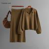 Autumn and Winter New Knit Sweater Set POLO Collar Ladies Simple Trend V-neck Solid Color Loose Slim Dress