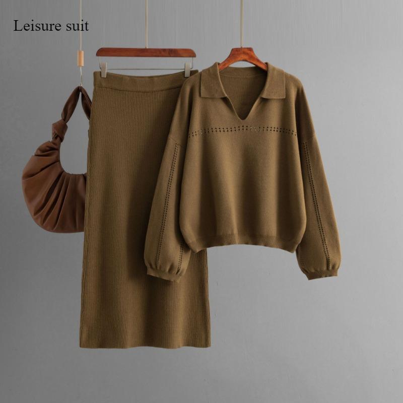 Autumn and Winter New Knit Sweater Set POLO Collar Ladies Simple Trend V-neck Solid Color Loose Slim Dress
