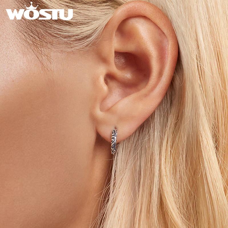 WOSTU 925 Sterling Silver Vintage Pattern Hoop Earrings Women Classicial Round Wedding Party Earring Pendientes Anniversary Gift