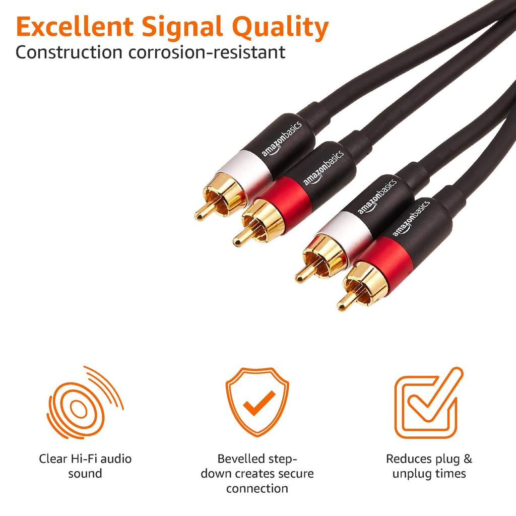 Аудиокабель RCA, Amazon Basics, 2 штекера на 2 штекера, 2,4 м, Черный