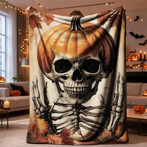 Halloween Flannel Throw Blanket Pumpkin Skull Pattern Cozy Napping Home Decor