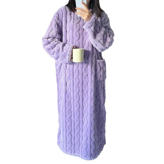 Women's Flannel Nightgown Fuzzy Fleece Sleepdress Loose Crew Neck Long Nightdress with Pockets Cozy Plush Warm Winter Pullover Loungewear