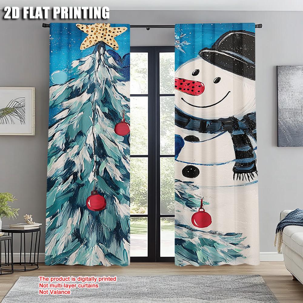 2pcs,2D plane printing Popular Curtain Panels Merry Christmas Christmas Tree Snowflake Versatile Durable Polyester (without rod)