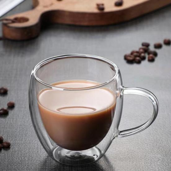 Double Wall Glass Tumbler with Handle Heat-Resistant Insulated Glass Mugs for Coffee Tea Milk 12oz Transparent Drink Cup for Home Office Use