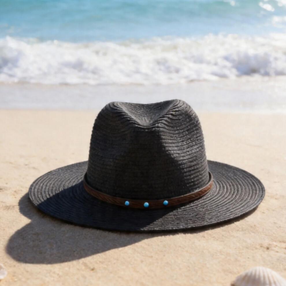 (One Size, Black) Men Straw Panama Hat, Wide Brim Sun Hat Lightweight Summer Top Hat for Outdoor Beach