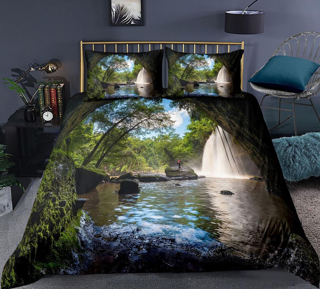 Комплект пододеяльников Nature Waterfall Flowing Down The Rocks Cascade Valley Image Декоративный комплект постельного белья из полиэстера с наволочкой