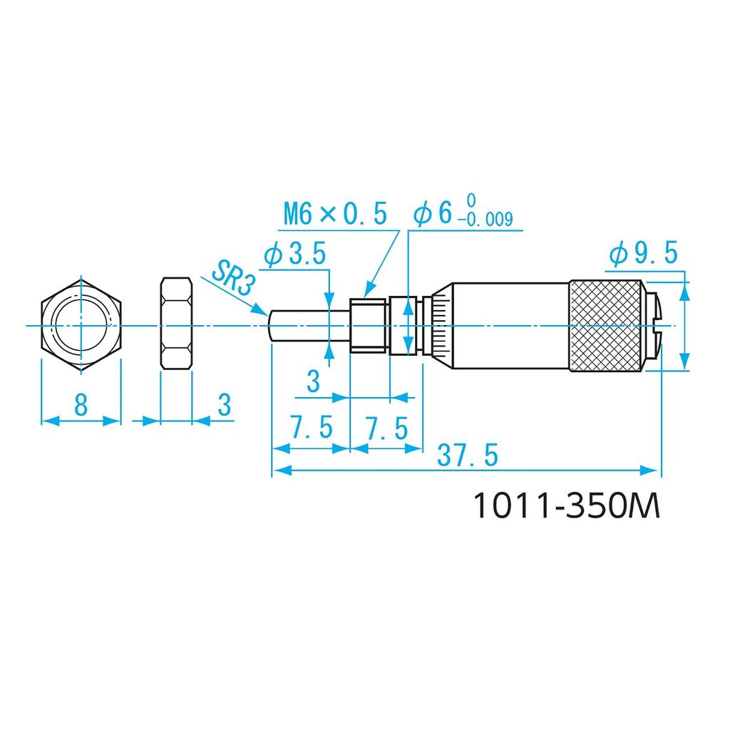 Niigata Seiki SK Micrometer Head with Nut, Stem, 0-6.5mm, 1011-350M