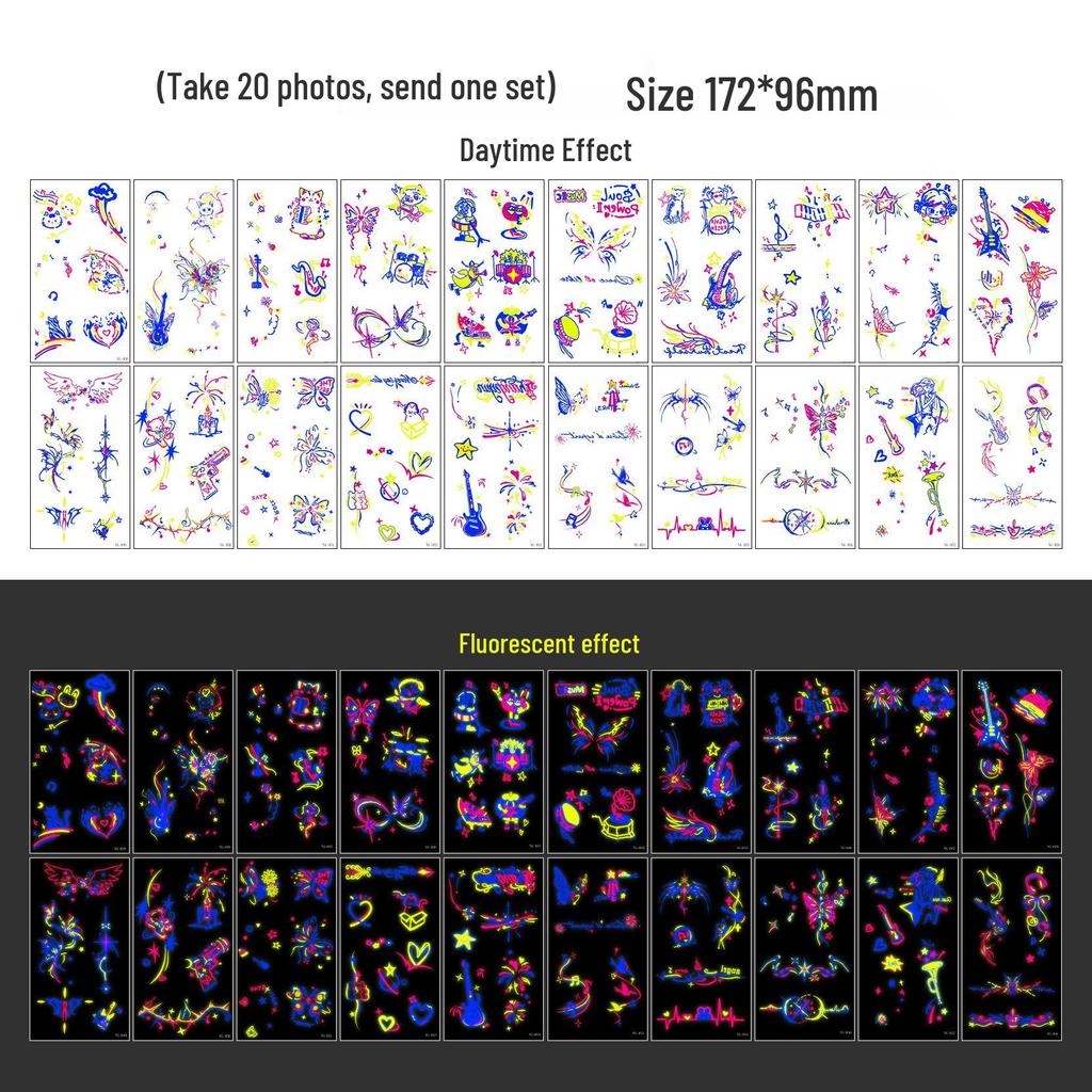 Неоновые светящиеся тату-наклейки для музыкального фестиваля: Яркие флуоресцентные дизайны для концертов и вечеринок
