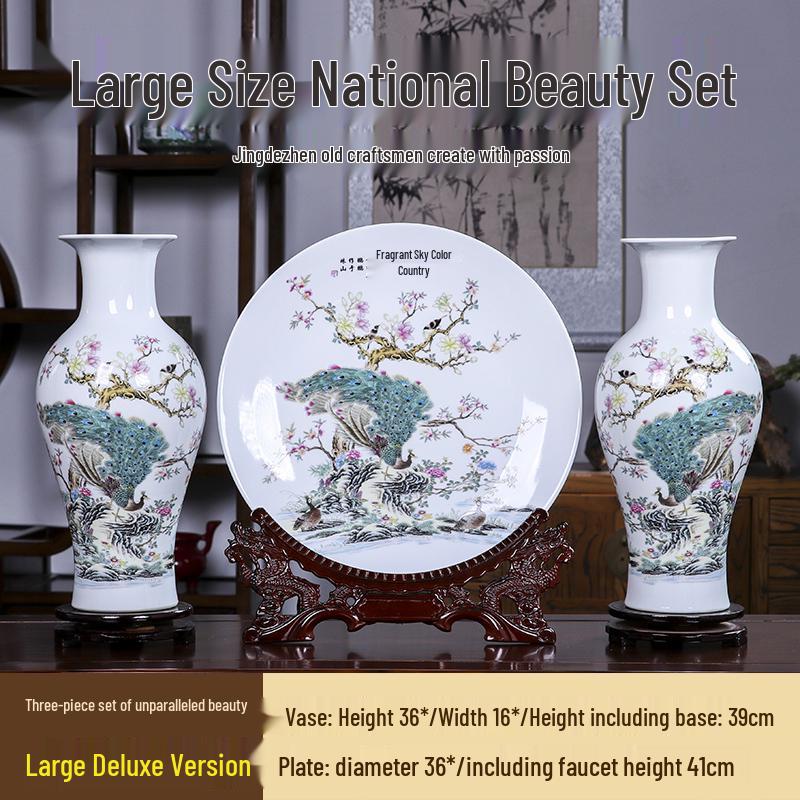 Good Fortune Jingdezhen Ceramic Vase Set: 3-Piece Décor for Living Room, Curio Shelf, or TV Cabinet