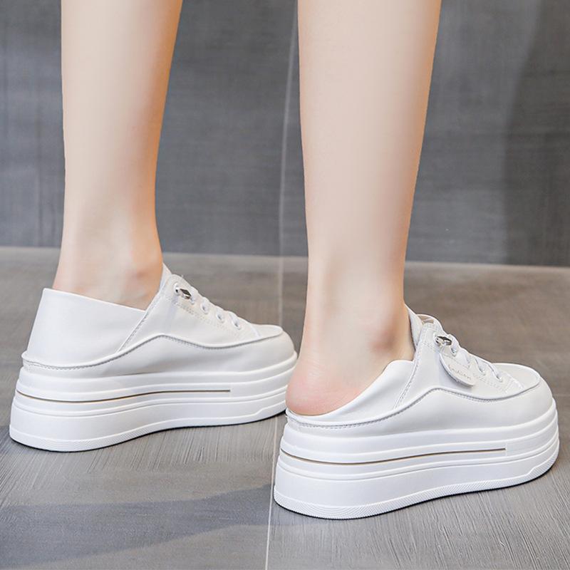 Leather Inner Height Increase White Shoes Women's 2025 Spring New Thick-soled Two Wear Board Shoes and One Pedal Sports and Leisure Single Shoes