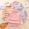 Kids' Striped Fleece-Lined Semi-High Neck T-Shirt for Autumn/Winter