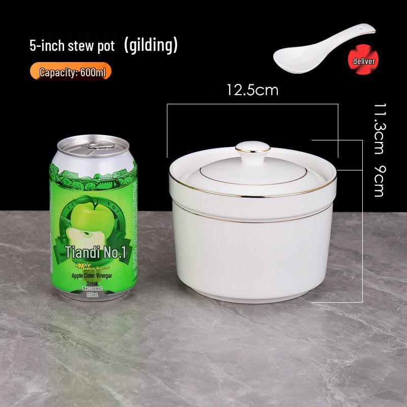 Белый керамический горшок для тушения с крышкой - Китайский суповой и пароварочный горшок в стиле Шасянь, с золотым ободком.