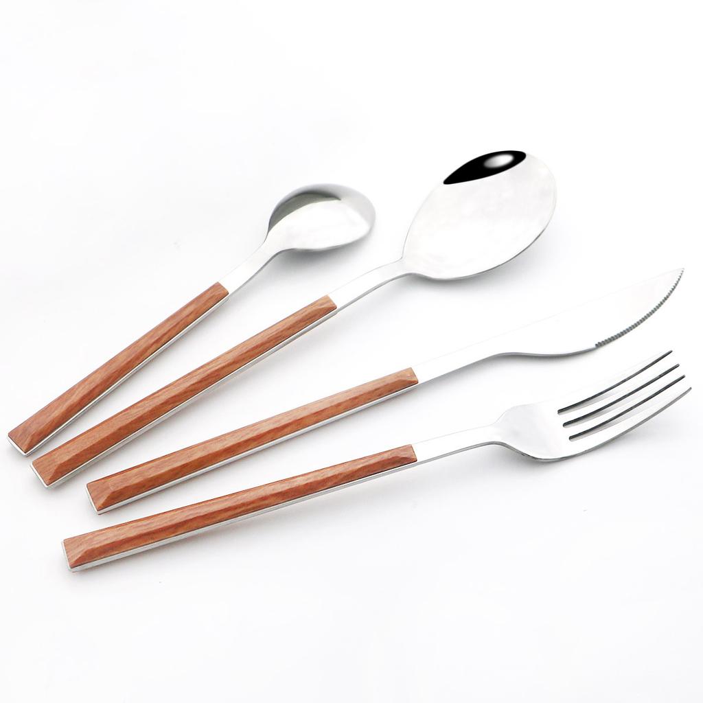 16 шт., набор столовых приборов из нержавеющей стали, имитация деревянной ручки, столовая посуда, зажим, западная посуда, нож, вилка, чайная ложка, набор столового серебра