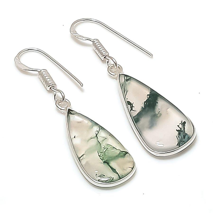 Натуральный моховой агат Камень-самоцвет Серьга ручной работы из стерлингового серебра 925 пробы 1,62" AE-11443