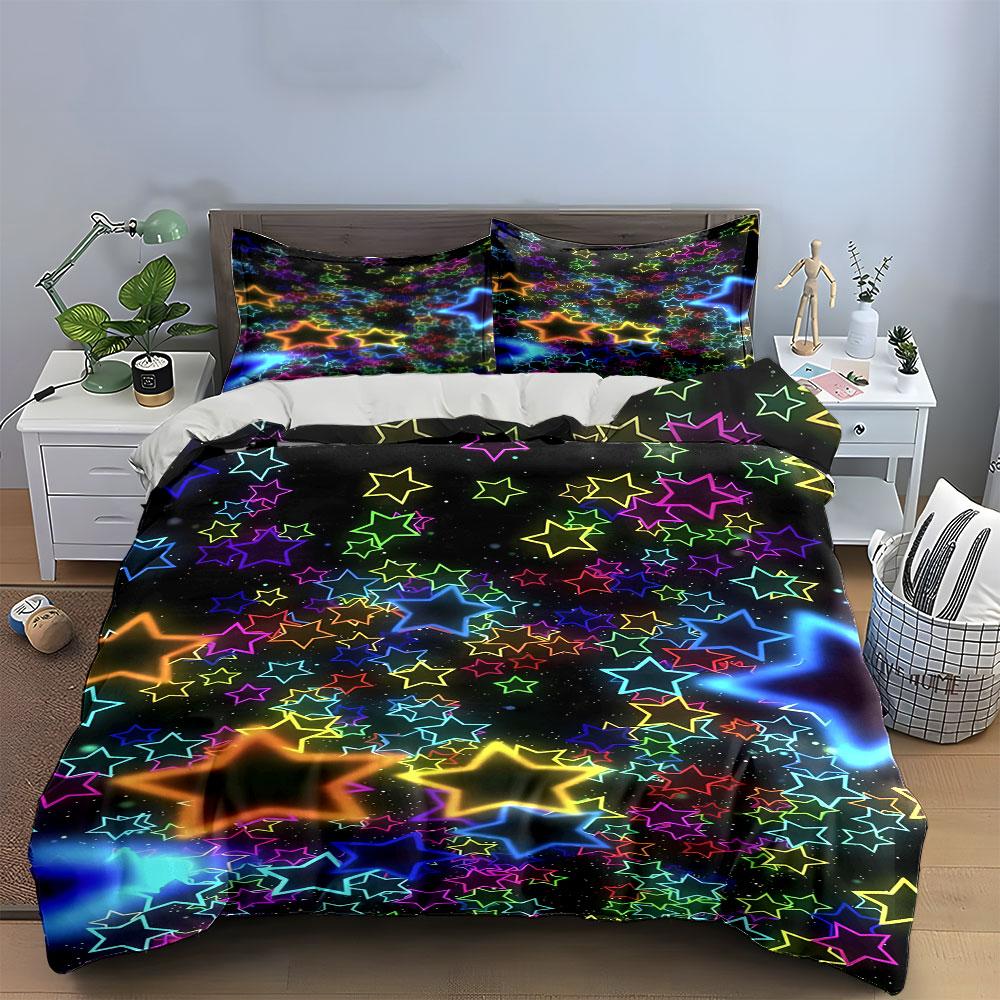 Colorful neon star pattern. Bedding sets Duvet cover sets Duvet covers Pillowcases(1 * Duvet Cover 2 * Pillowcases without duvet insert)