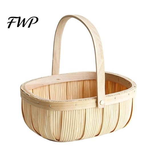 Portable Food Serving Tray Handmade Woven Wood Storage Basket, Oval Organizer with Reinforced Handle, Home Organization Baskets Large Capacity Bin for