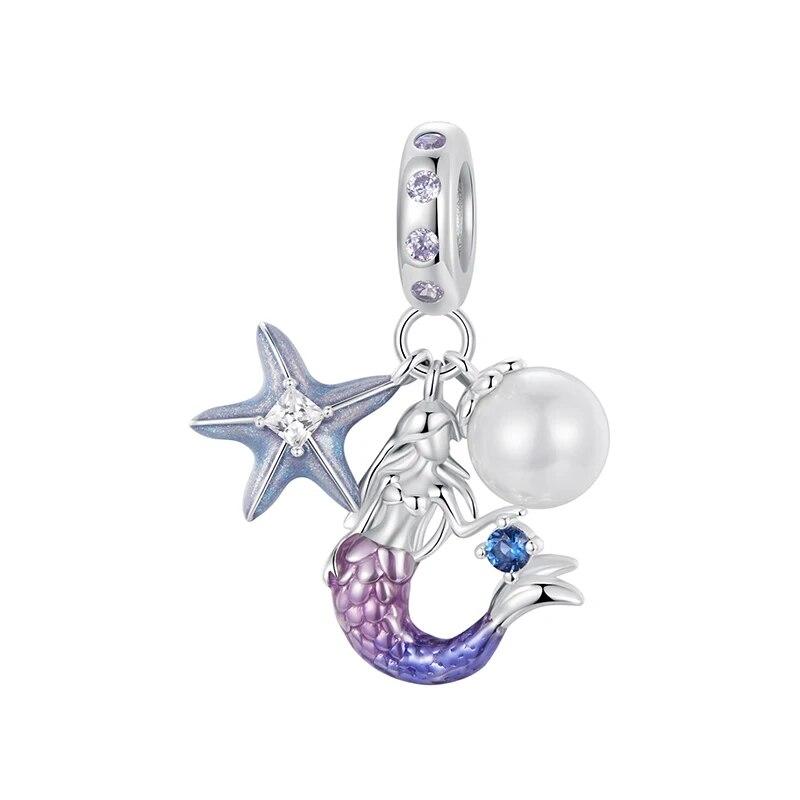 BAMOER Dainty 925 Sterling Silver Dreamy Mermaid Charm Fish Tail Silicone Spacer Bead Charm for Women Fit Original Bracelet
