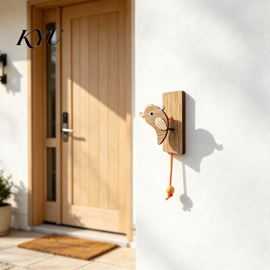 Creative Shop Opening Presents Wooden Woodpecker Door Knocker, Rustic Knocker with Pull Rope, Functional Decorative Handmade Cute Doorbell for