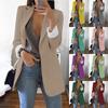 Women Solid Open Front Pockets Cardigan Formal Suit Long Sleeve Blouse Coat