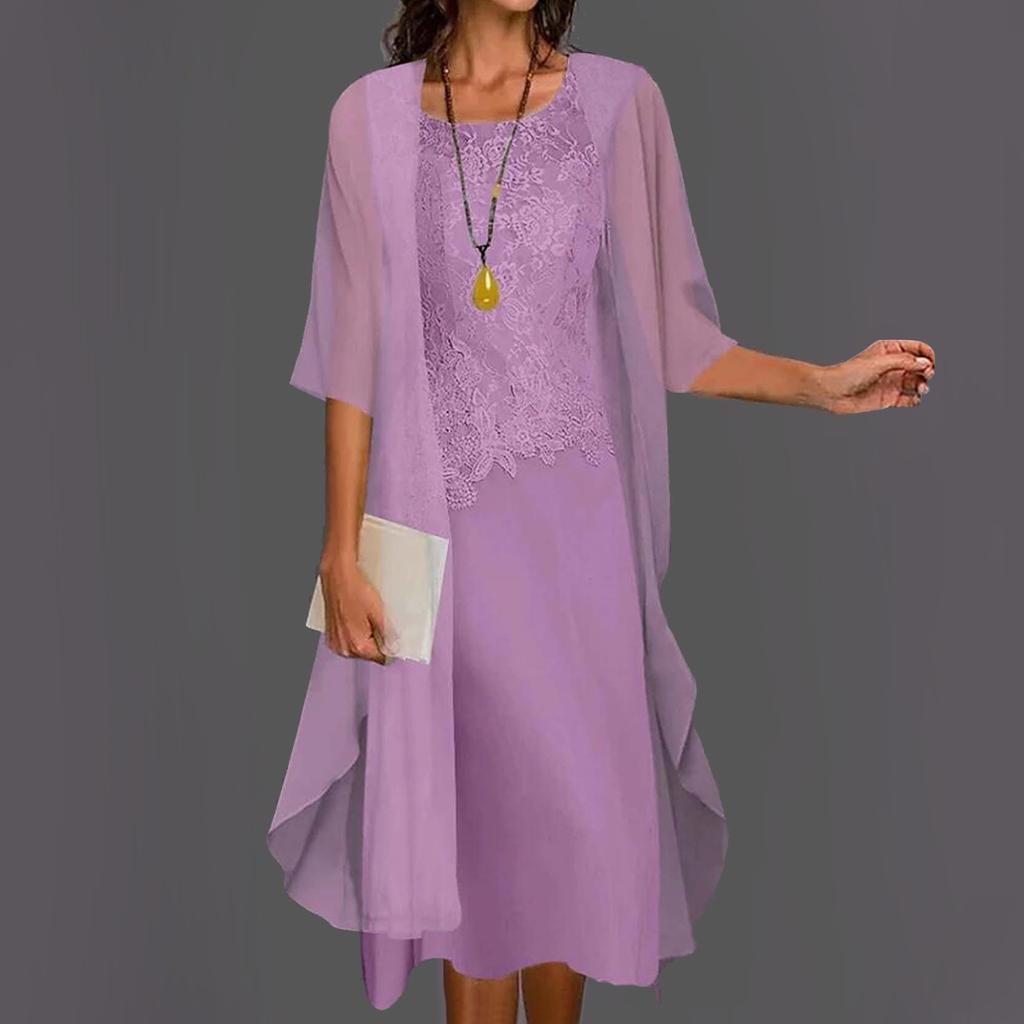 Women's Fashion Elegant Solid Color Lace Patchwork Chiffon Sleeveless Round Neck Dress Two Piece Dress