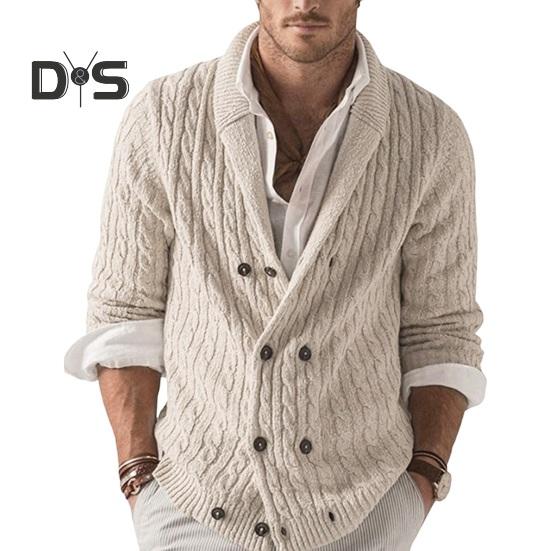 Осень-зима мужской свитер двубортный с пуговицами и лацканами, длинные рукава, скрученная фактура, однотонное толстое эластичное трикотажное пальто