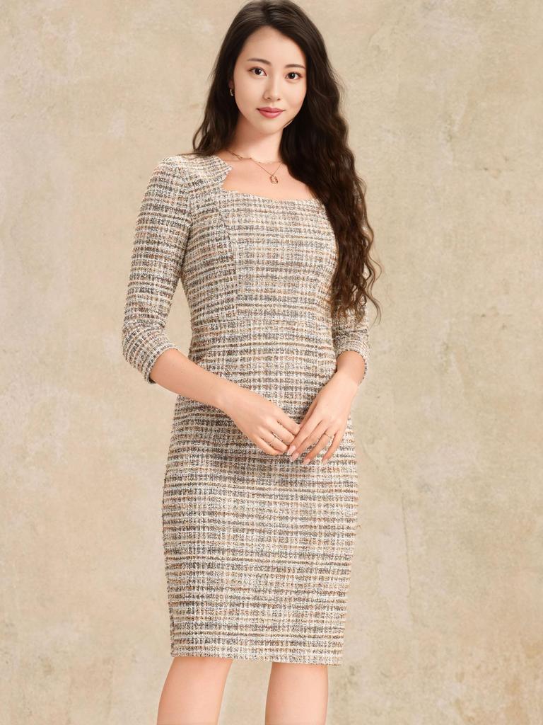 Женское облегающее платье из клетчатого твида Allegra K, рукава 3/4, элегантное рабочее платье, желто-белое, размер S