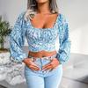 Floral Chiffon Crop Blouse Square Neck Lantern Sleeve Bow Resort Top Spring Summer Sizes S To XL