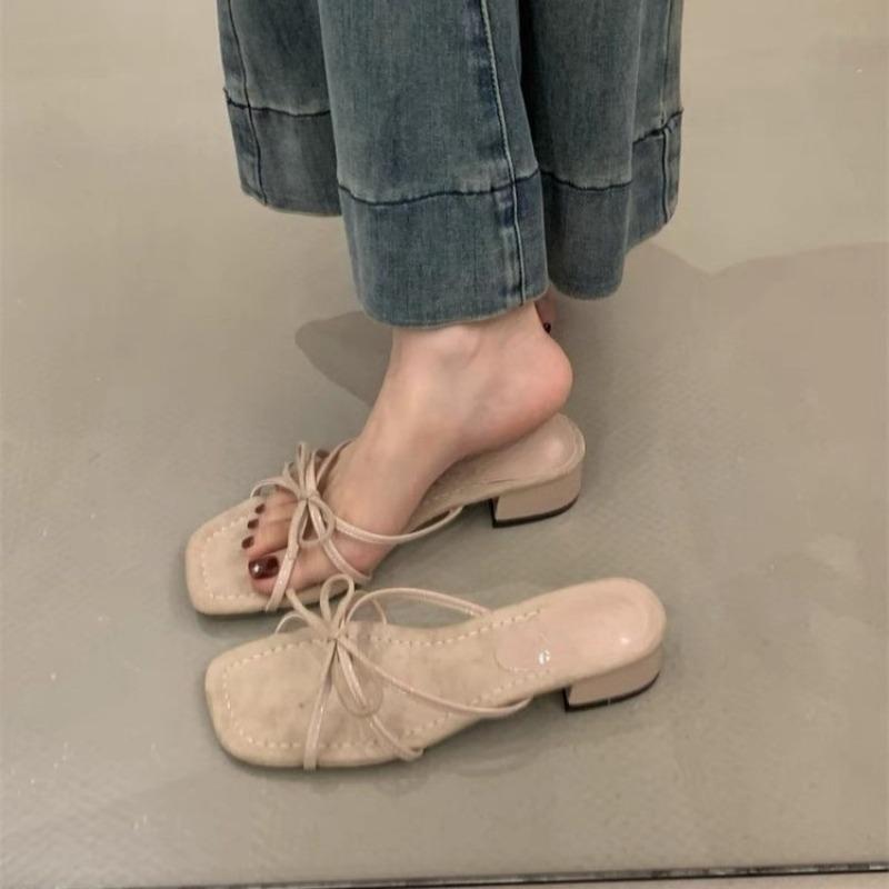 Women's Slippers New French Square Toe Bow Open Toe Cross Slim Strap Temperament Flip-Flop Sandals