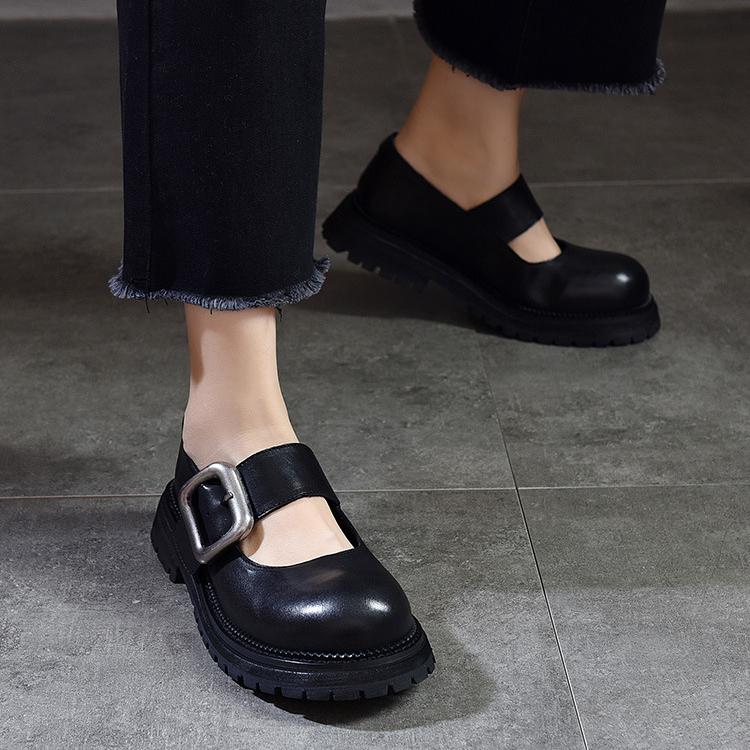 Johnature Модные универсальные туфли Мэри Джейн с металлической пряжкой и круглым носком на толстой подошве, женская обувь из натуральной кожи