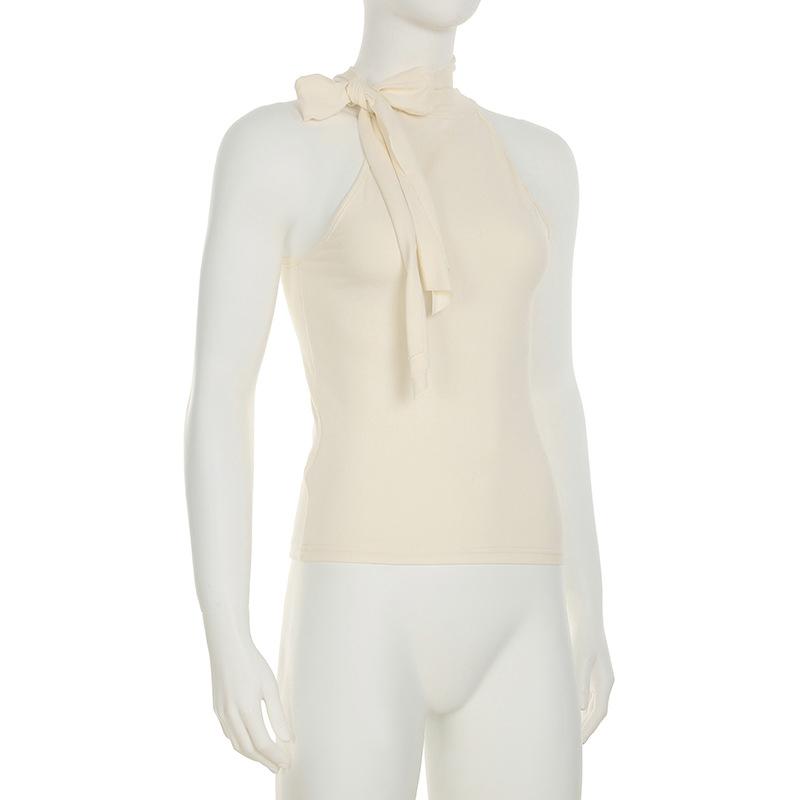 Однотонный бант халтер женский без рукавов облегающий майка уличный стиль мода простой дизайн