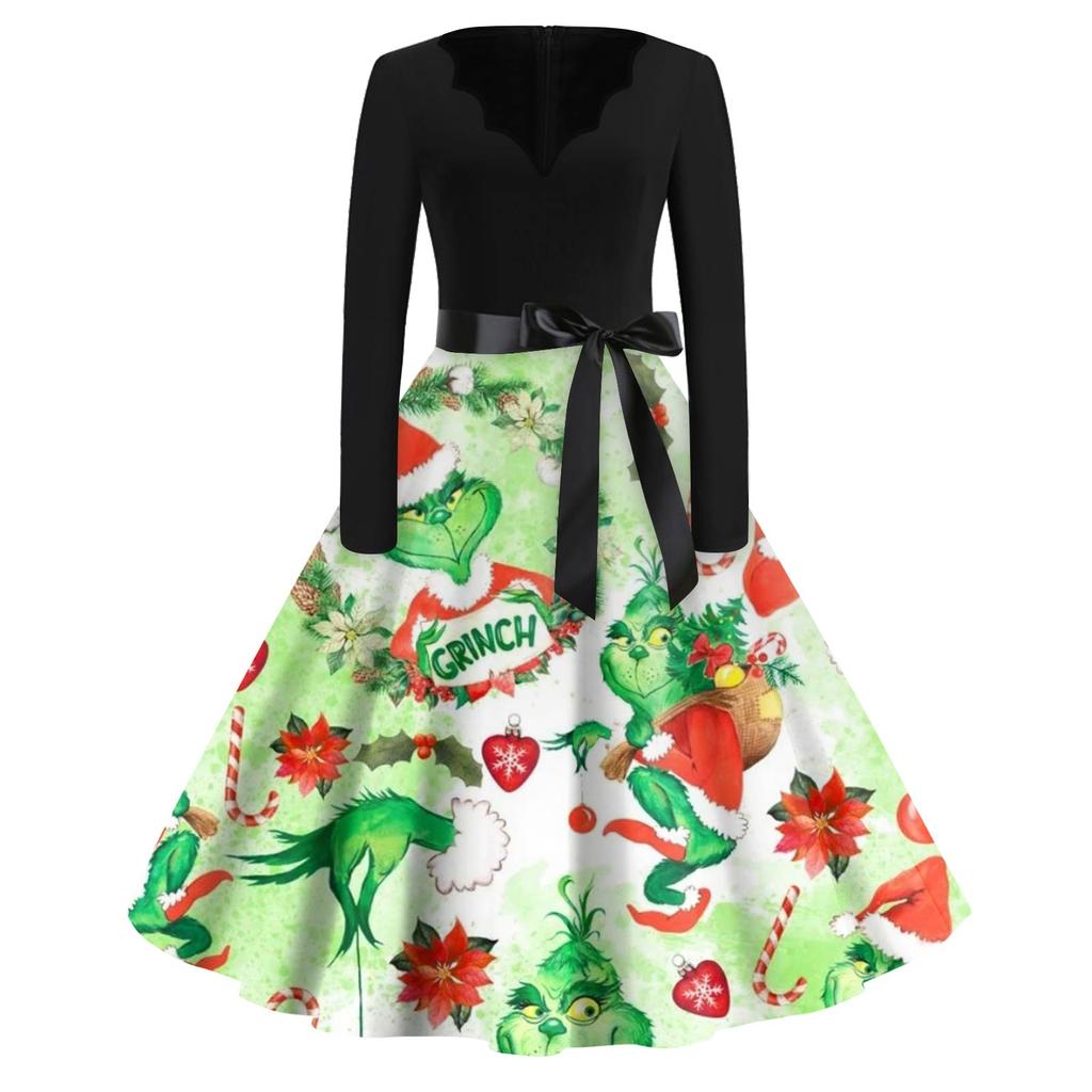 Женское модное платье с V-образным вырезом, повседневное, приталенное, с рождественским принтом, с длинным рукавом