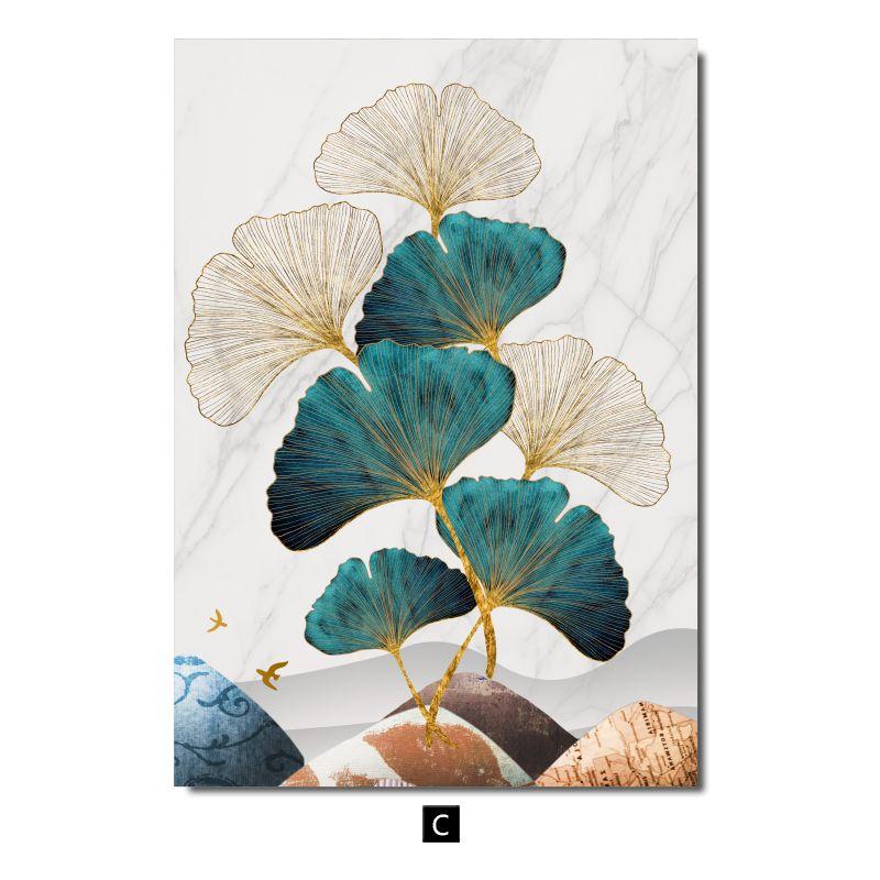 Золотистые, синие листья, птица, олень, постер, холст, картина для гостиной, картина, домашний декор, скандинавский мрамор, абстрактная настенная художественная печать