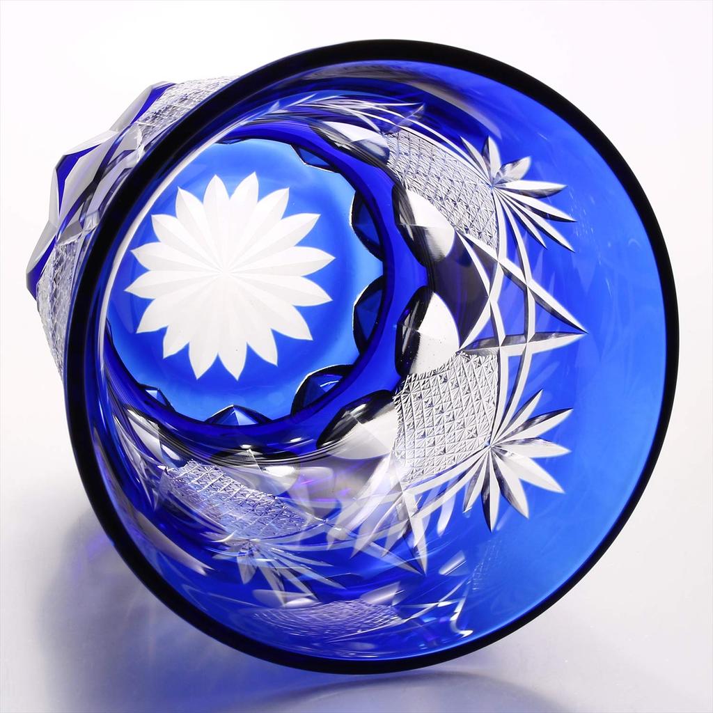 Sumida Edo Kirikokan Rocks Glass Indigo 280 мл Edo Kiriko Junichi Komata Warm Glass Five Star Flower and Chrysanthemum Connection Pattern FG4-1