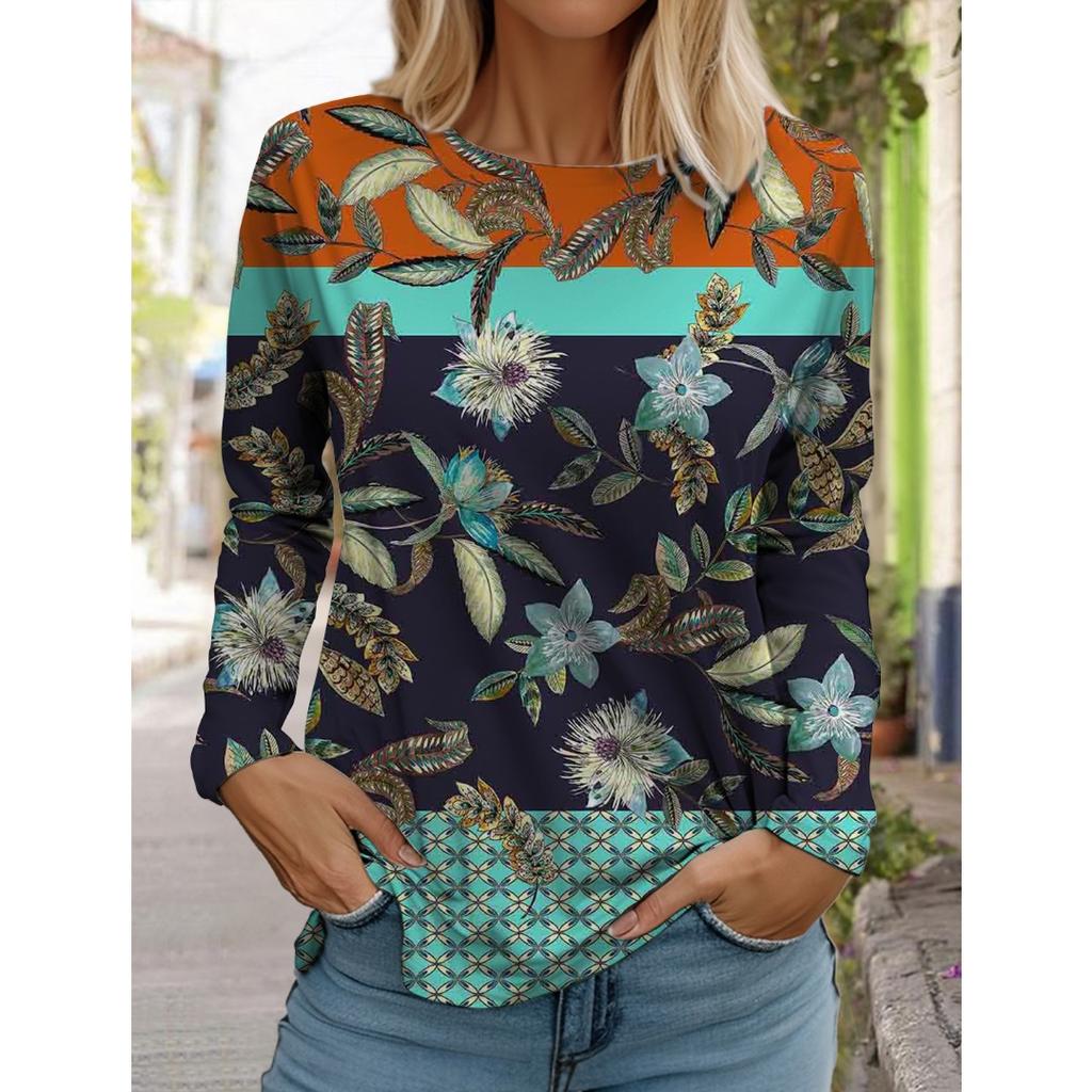 Women's White Long-sleeved Tops Round Neck Casual Tops 3d Printed Flowers Fashion Stickers Printed Women's Long-sleeved T-shirt