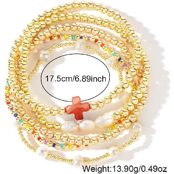 14K Gold Plated Pearl Beaded Cross Bracelets Stack Set for Women,Stretch Boho Colorful Christian Beads Ball Jewelry Friendship Summer Trendy Gift