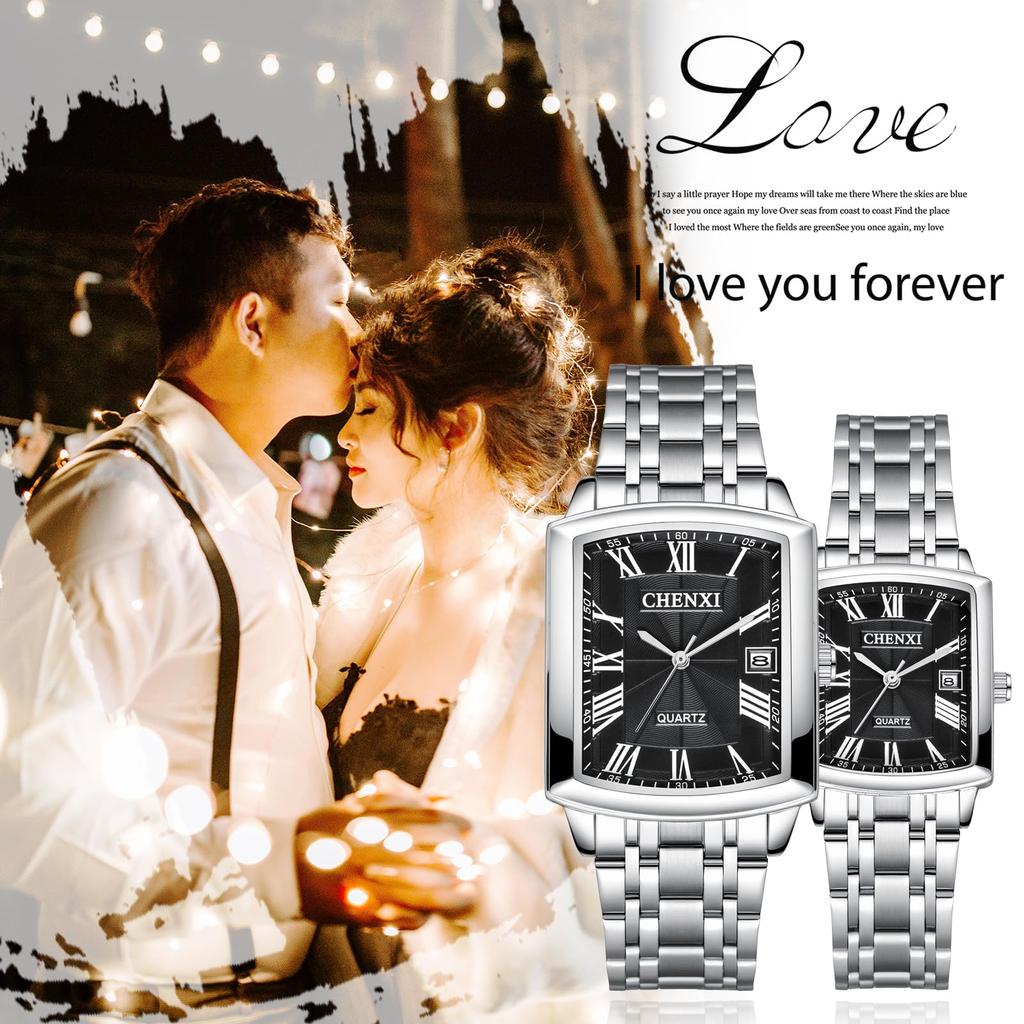 Stainless Steel Calendar Analog 3ATM Waterproof Antique Rome Stylish Pair Watch Square Quartz Watch Silver Black Fashion Accessories Birthday
