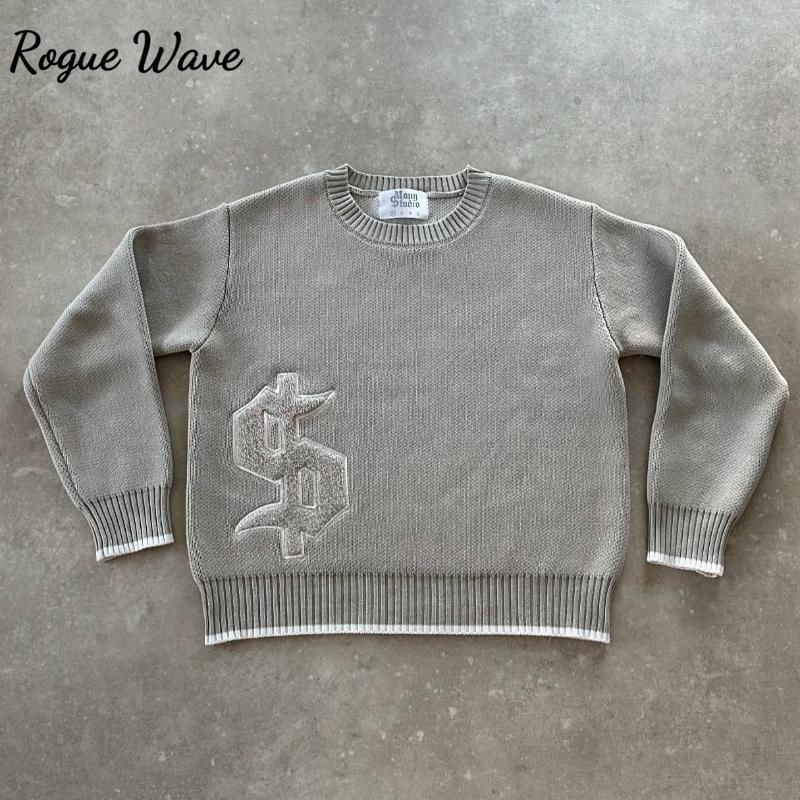 RogueWave Y2K Grey Long Sleeve Sweater Dollar Gothic Embroidery Pullover Retro Casual Streetwear Old Money Men Boxy Knitted Clothing