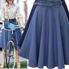 Knee Length High Waist Pleated Skirt Female Skirts With Belt 2021 Spring Summer Korean Cute Blue Loose Line Midi Skirt Female
