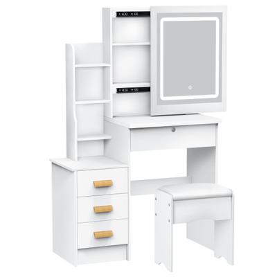 Туалетный столик с раздвижным зеркалом и подсветкой, Спальный туалетный столик, Столик для макияжа с ящиками и полками, Скрытое место для хранения